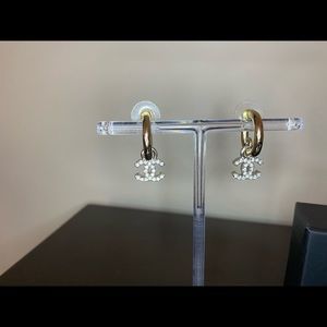 Authentic New Chanel gold hoop earrings with crystal CC charms 22S collection